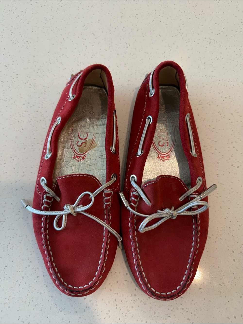 TOD’S Brick Red Suede Boat Shoes, Driving Moccasins with Silver Laces, Loafers